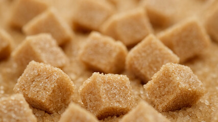 brown sugar cubes close up. Demerara golden brown sugar