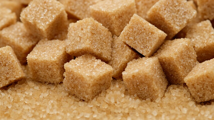 brown sugar cubes close up. Demerara golden brown sugar