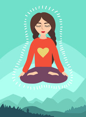 Girl in the lotus position on the background of mountain landscape. woman in meditation.