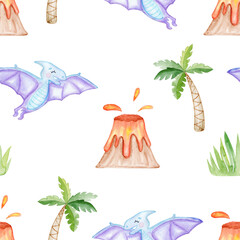 watercolor blue pterodactyl  seamless pattern on white background. Cute dinosaur print for baby fabric, textile, wrapping, scrapbook , wallpaper © dreamloud