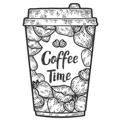 Design, takeaway coffee glass, Valentines Day. Engraving raster illustration.
