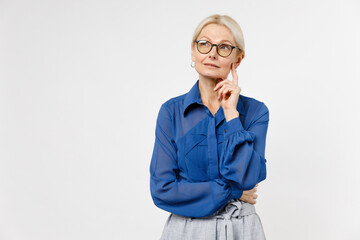Blonde pensive successful confident employee business woman 40s in blue classic shirt glasses...