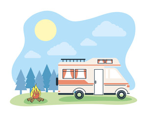 Camper van at forest landscape vector design