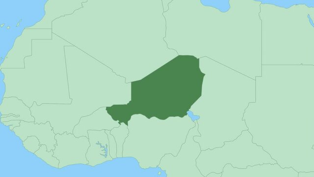 Map of Niger with pin of country capital. Niger Map with neighboring countries in green color.
