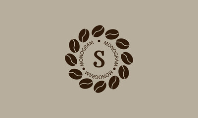 Coffee shop, vector logo on a light brown background. Creative vector sign, illustration of emblem with letter S. Minimalistic monogram on coffee background.