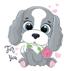 Cute little dog with flower. Happy Valentine's day clipart.