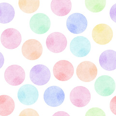 Abstract watercolor color pastel circles seamless pattern on white background. Cute design for baby fabric, textile, wrapping, scrapbooking, wallpaper