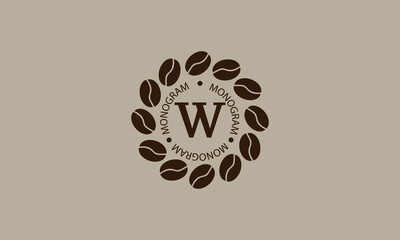 Coffee shop, vector logo on a light brown background. Creative vector sign, illustration of emblem with letter W. Minimalistic monogram on coffee background.