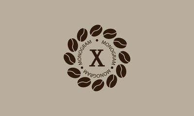 Coffee shop, vector logo on a light brown background. Creative vector sign, illustration of emblem with letter X. Minimalistic monogram on coffee background.