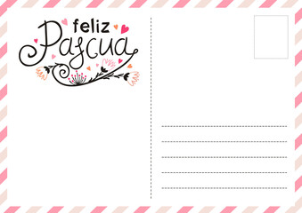 Spanish Happy Easter postcard with flowers and hearts. Cute greeting card. Hand drawn airmail envelope. Vector illustration for Spain. Translation: Happy Easter