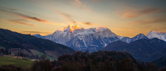 Alps Panorama and Berghof on the Left, southern Bavaria, Germany, taken in December 2020