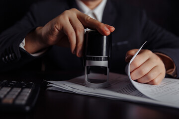 Close-up of businessman putting stamp on documents in the office.
