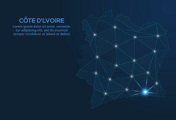 Cote d'Ivoire (IVORY COAST) communication network map. Vector low poly image of a global map with lights in the form of cities. Map in the form of a constellation, mute and stars.