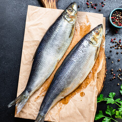 fresh herring fish salted seafood ready to eat on the table pescetarian diet meal outdoor top view copy space food background rustic image