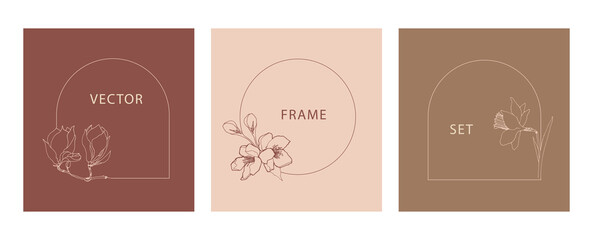 Naklejka premium Vector set of botanical frames with magnolia, apple and narcissus flowers