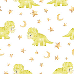 Obraz premium Watercolor green baby dinosaur and stars seamless pattern on white background. Baby dino print for fabric, textile, wrapping, scrapbook, wallpaper