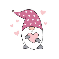 Cute Valentine Gnome. Gnome holds  heart. Vector illustration in Scandinavian style. Cartoon style. Illustration for greetings, postcard, cards.