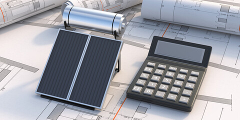 Fototapeta na wymiar Solar water heater and calculator on project drawings background. 3d illustration