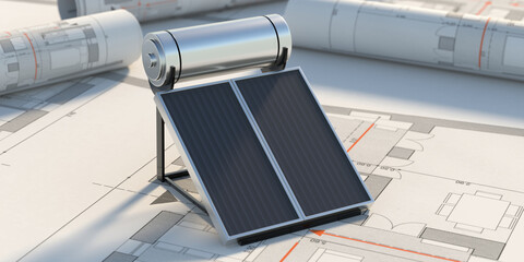 Solar water heater, panels and boiler on project drawings background. 3d illustration