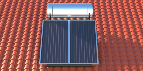 Solar water heater, panels and boiler on tiled roof background. 3d illustration © Rawf8