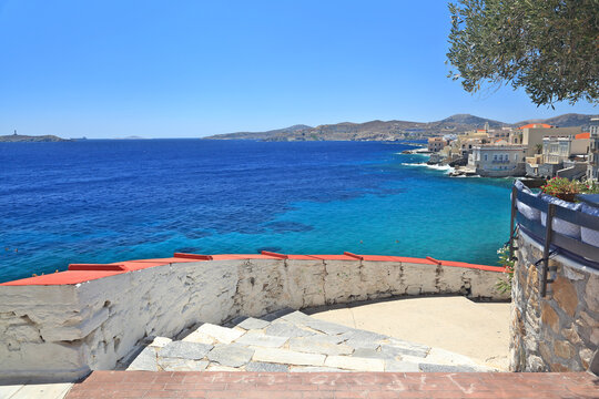 Syros island, sea view from Vaporia neighborhood, a picturesque place in Ermoupolis town, the capital of the Cyclades islands that enjoys great seaview.