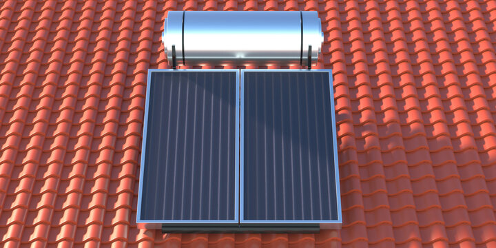 Solar water heater, panels and boiler on tiled roof background. 3d illustration