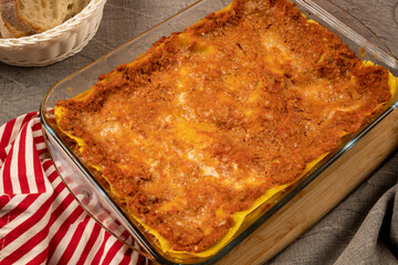 Lasagna Bolognese. The famous and classic first course of Italian cuisine.
