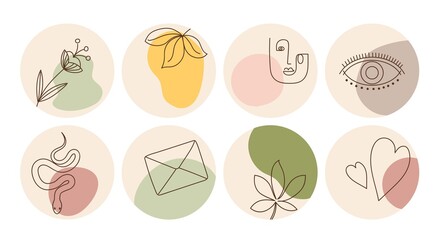 Vector set of round boho icons and emblems for social media story highlight covers. Hand-drawn trendy design templates for bloggers, designers and photographers.