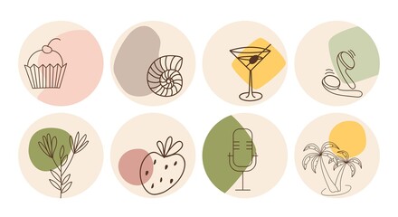 Vector set of round boho icons and emblems for social media story highlight covers. Hand-drawn trendy design templates for bloggers, designers and photographers.