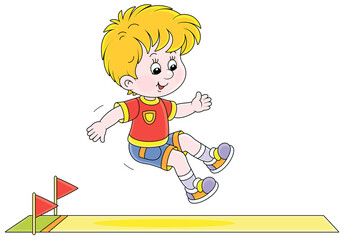 Cheerful little boy in a long jump with a running start in a competition on a sports ground, vector cartoon illustration isolated on a white background