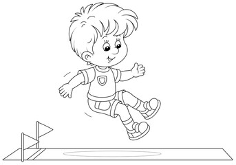 Cheerful little boy in a long jump with a running start at a competition on a sports ground, black and white outline vector cartoon illustration for a coloring book page