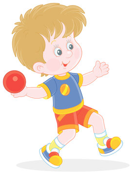 Little boy throwing a ball at range at an athletics competition on a sports ground, vector cartoon illustration isolated on a white background