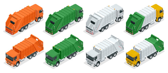 Isometric Truck dumpster. Garbage recycling and utilization equipment. City waste recycling concept with garbage truck © Golden Sikorka
