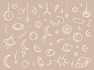 A large hand-drawn set of celestial bodies and mystical magical elements in vintage boho style. Illustration for a sticker or printed design. Celestial illustrations-moon, sun, stars.