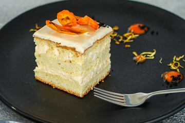 sweet piece of cake biscuit cream dessert slice layers vanilla kurd plate on the table meal snack top view copy space for text food background rustic image