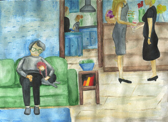 
Grandmother and granddaughter are sitting on the couch in the house. They are surrounded by guests.Grandmother hugs her granddaughter. 
Watercolor illustration.