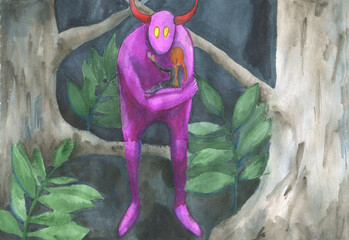 Fairy forest monster holding a little girl. Watercolor illustration. 
Bright colors.