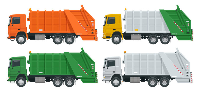 Flat Garbage truck. Garbage recycling and utilization equipment. City waste recycling concept with garbage truck.