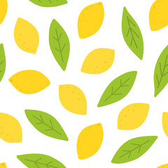 Seamless pattern with lemon and leaves. Organic citrus texture. Hand drawn fresh lemon backdrop. Eat local. Fruit background in pastel color. Eco friendly design. Vector illustration