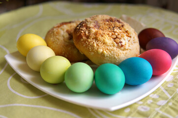easter different color eggs cake baking on a plate