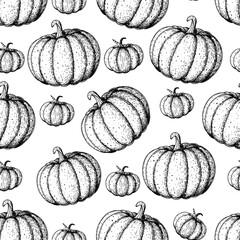 Pumpkin sketch, seamless pattern. Hand drawn background. Sketch vector illustration. Cute design with pumpkin.