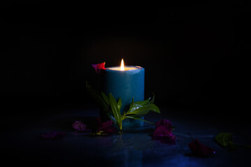 candle on water with Reflections_ flowers and Plant