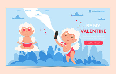 Fototapeta premium Valentine Cupid love angel landing page. Cute boy or girl cupid. Flying angel