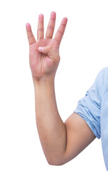 Asian hand shows and counts four fingers on isolated white background.