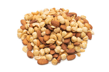 Mix of nuts isolated on white background. Top view.