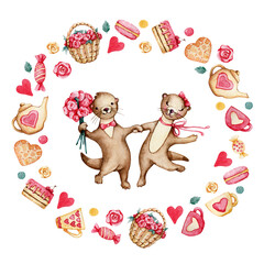 Cartoon cute otter wishes Happy Valentine's Day. Watercolor hand drawn illustration isolated on white background. Card for lovers, birthday, valentine, animals.