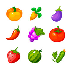 Set of vector vegetables and berries for farm games.