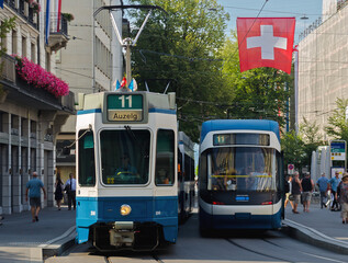 Trams passing each other in Zurich, Switzerland
