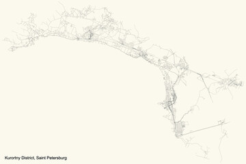 Black simple detailed street roads map on vintage beige background of the neighbourhood Kurortny District of Saint Petersburg, Russia
