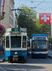 Fototapeta na wymiar Trams passing each other in Zurich, Switzerland